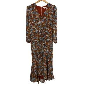 Floret Studios Floral Ruched V-Neck Midi Dress Rust Orange Blue XL Bodycon